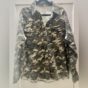 Veveret Rhinestone Studded Camo Long Sleeve Distressed Denim Rodeo Jacket M